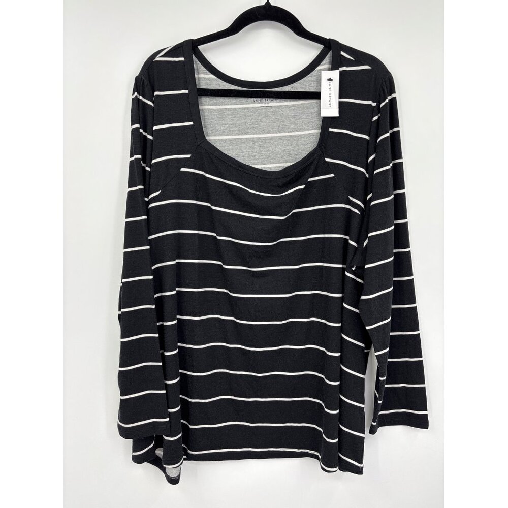 Lane Bryant Square Neck Striped Top Long Sleeve Casual Black White 26/28 NEW
